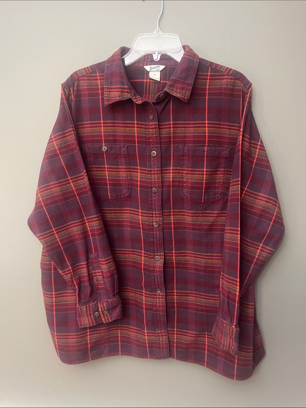 Duluth Trading Co Women’s Burgundy Plaid Flannel Shirt Orange Stripes - Size 2X